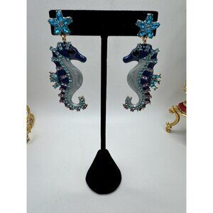 BETSEY JOHNSON BEAUTIFUL BLUE & PINK RHINESTONE SEAHORSE DROP DANGLE EARRINGS